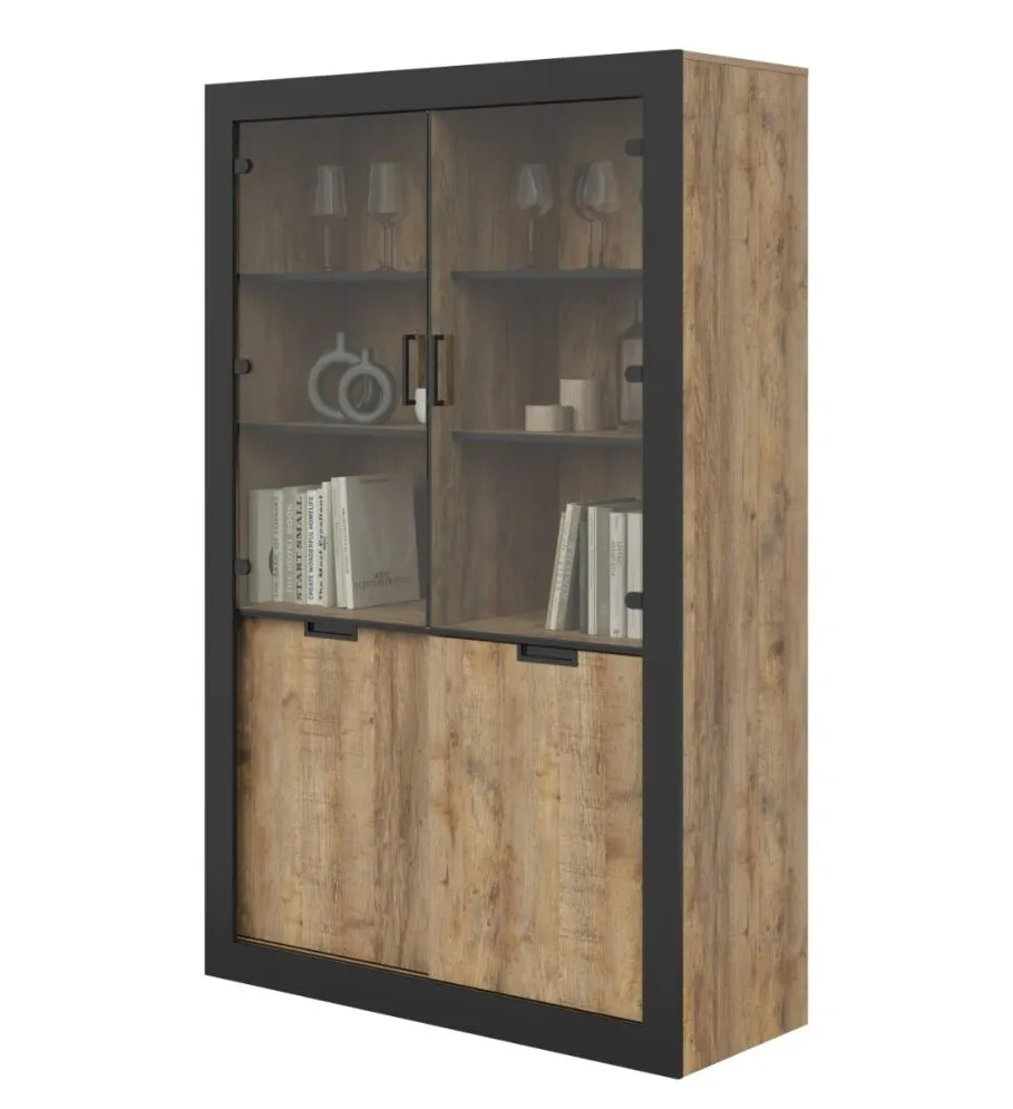 Przeszklona witryna wysoka DADES 4D 120cm dąb samdal/czarny mat I sklep meblowy MIRAT. styl LOFT