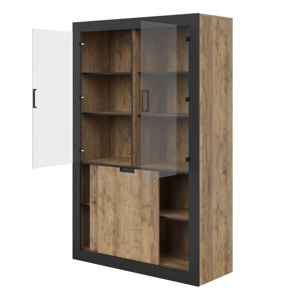 Przeszklona witryna wysoka DADES 4D 120cm dąb samdal/czarny mat I sklep meblowy MIRAT. styl LOFT