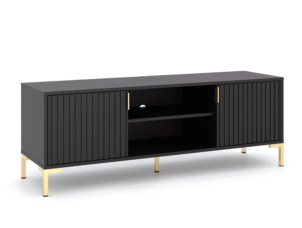 Szafka RTV FLINN 2D 140 czarna mat na złotych nóżkach I sklep meblowy MIRAT. styl GLAMOUR, LOFT
