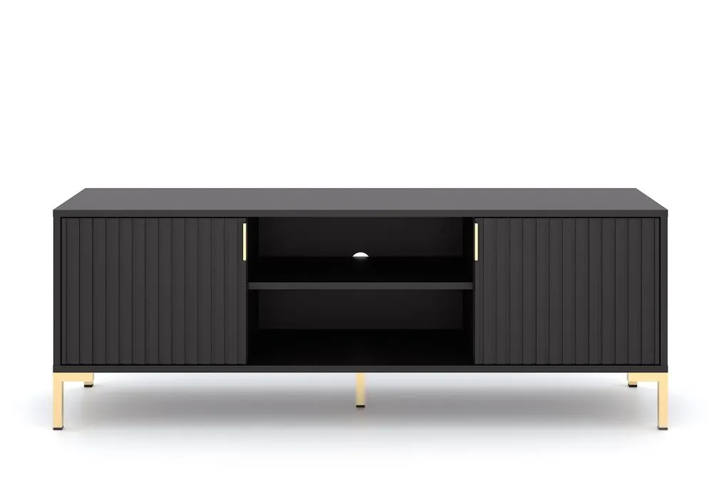Szafka RTV FLINN 2D 140 czarna mat na złotych nóżkach I sklep meblowy MIRAT. styl GLAMOUR, LOFT