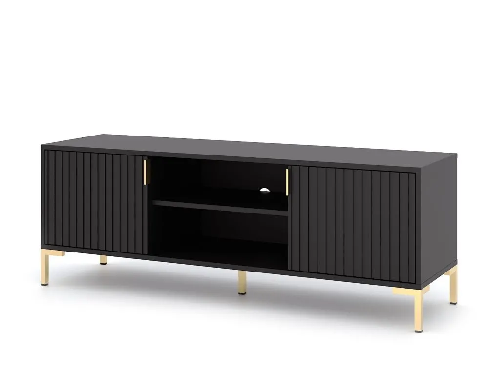 Szafka RTV FLINN 2D 140 czarna mat na złotych nóżkach I sklep meblowy MIRAT. styl GLAMOUR, LOFT
