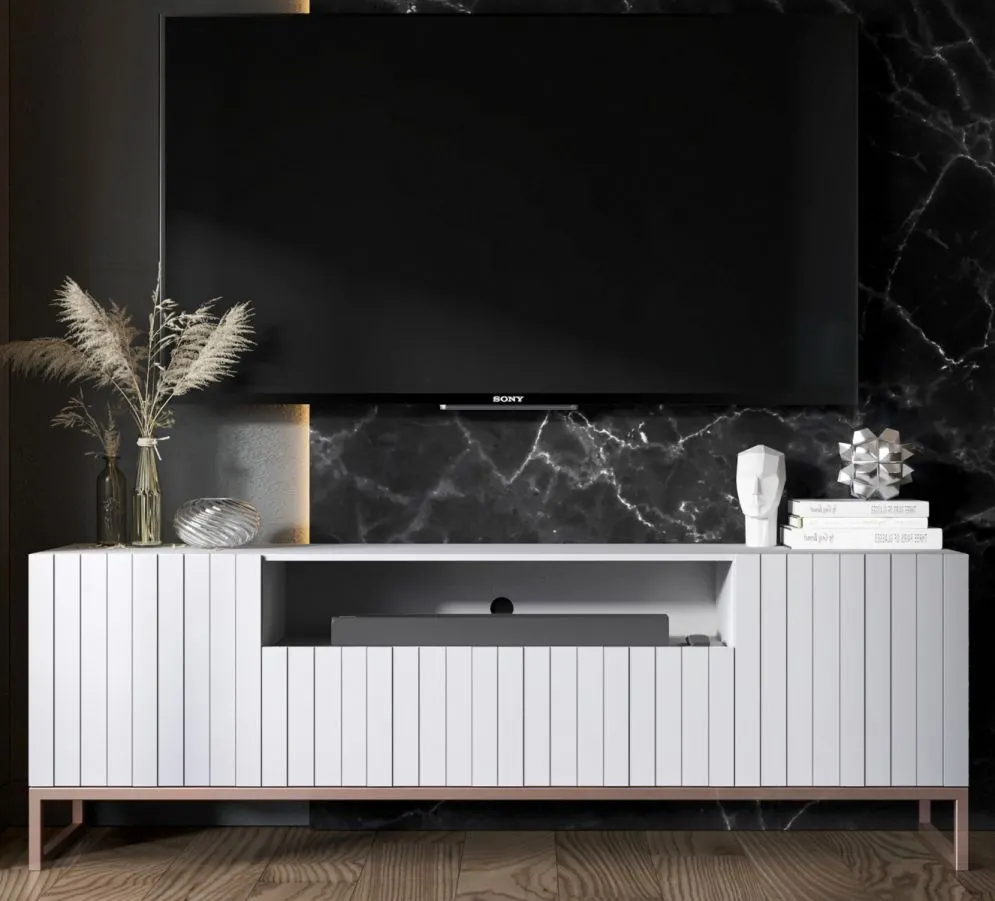 Szafka RTV TAL 2D1K 150cm biała mat trzydrzwiowa I sklep meblowy MIRAT. styl GLAMOUR, RYFLOWANY kolekcja TAL