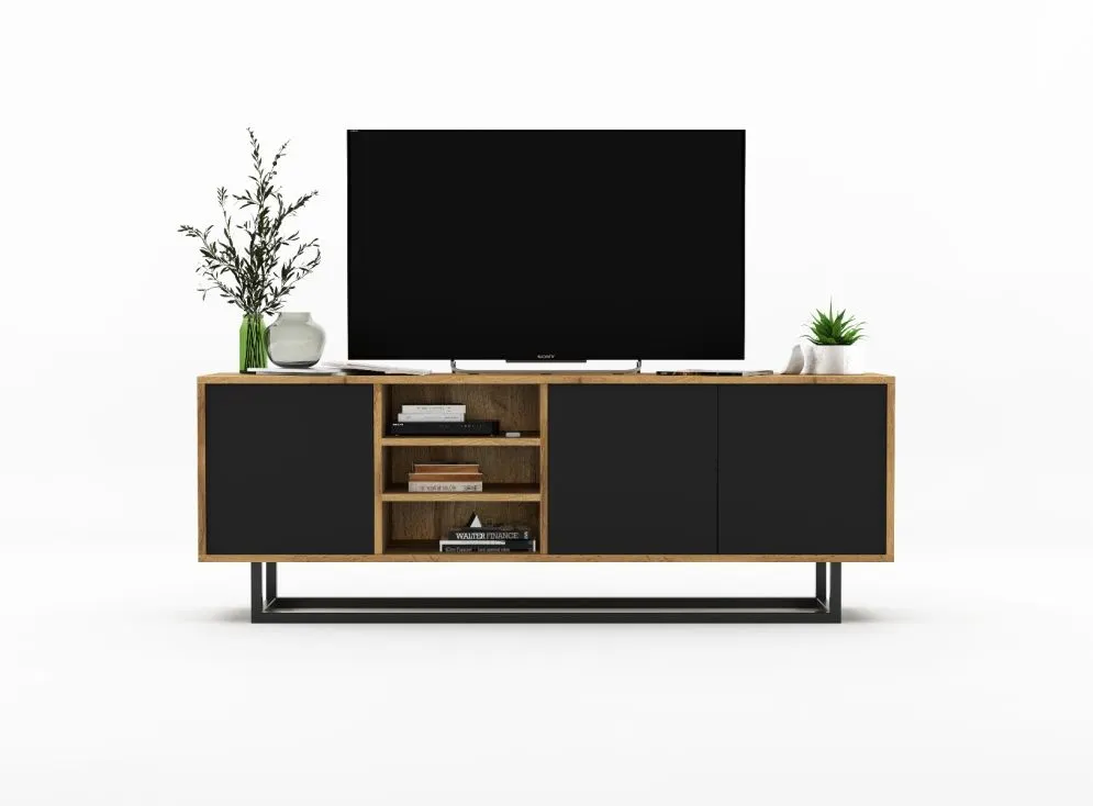 Szafka RTV NILA 1 150 dąb wotan/czarna mat z półkami | MIRAT. styl LOFT kolekcja NILA