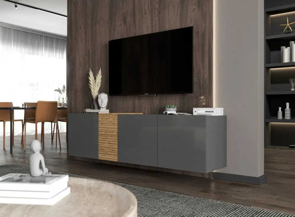 Szafka RTV NAVA 1 160 grafit połysk/dąb artisan wisząca | MIRAT. styl LOFT