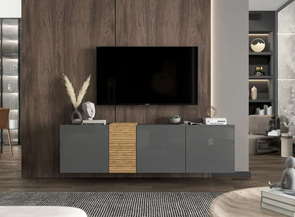 Szafka RTV NAVA 1 160 grafit połysk/dąb artisan wisząca | MIRAT. styl LOFT