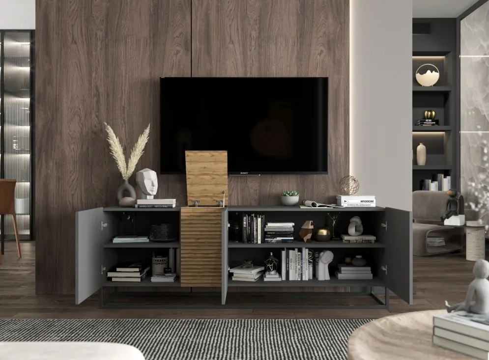 Szafka RTV NAVA 2 160 grafit połysk/dąb artisan stojąca | MIRAT. styl LOFT