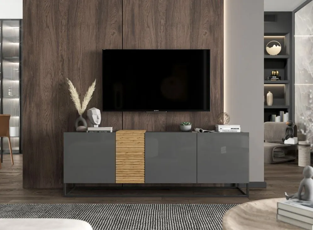 Szafka RTV NAVA 2 160 grafit połysk/dąb artisan stojąca | MIRAT. styl LOFT