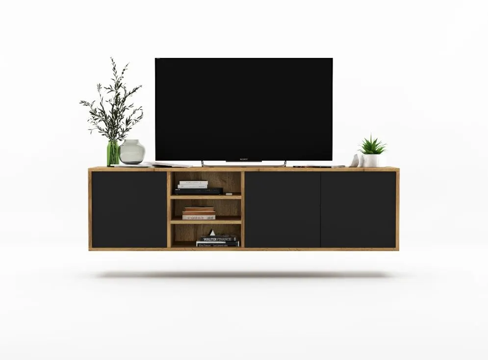 Szafka RTV NILA 2 150 dąb wotan/czarna mat z półkami | MIRAT. styl LOFT kolekcja NILA