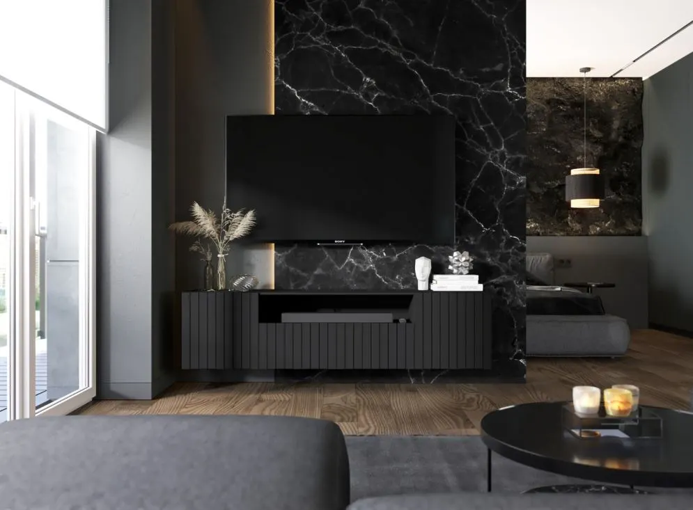 Szafka RTV TAL 2D1K 2 150cm wisząca czarna mat do salonu I sklep meblowy MIRAT. styl LOFT, RYFLOWANY kolekcja TAL