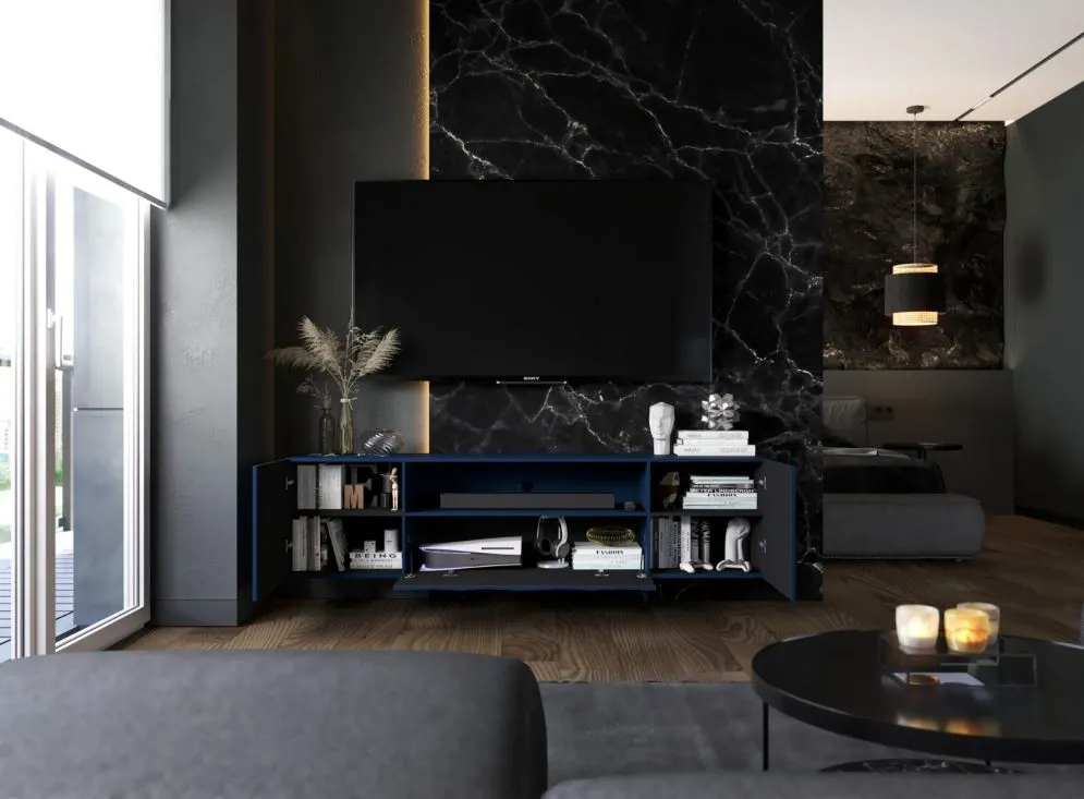 Szafka RTV TAL 2D1K 2 150cm wisząca granatowa mat do salonu I sklep meblowy MIRAT. styl GLAMOUR, LOFT, RYFLOWANY