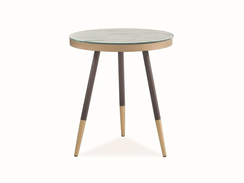 Biała ława szklana okrągła z efektem marmuru i metalowymi nogami VEGA C