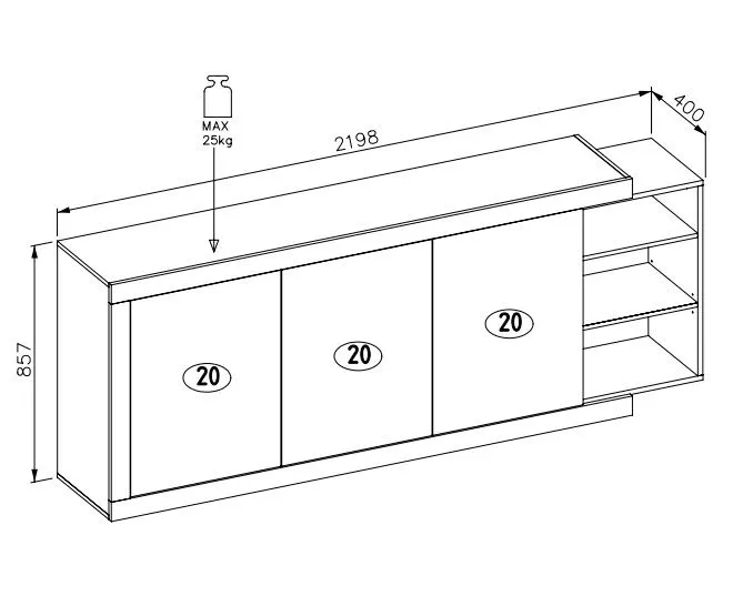 Komoda SINTRA 3D 220cm dąb samdal/biały połysk trzydrzwiowa I sklep meblowy MIRAT. styl SKANDYNAWSKI kolekcja SINTRA