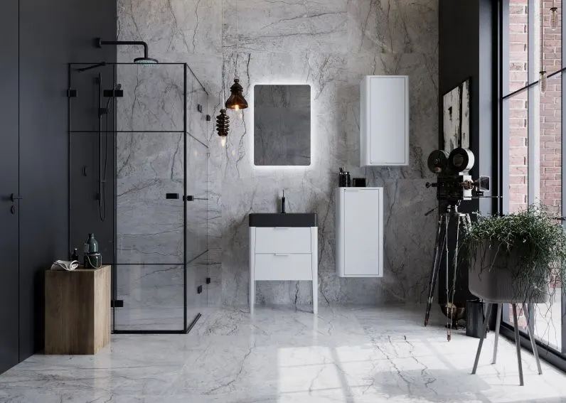 Stojąca szafka pod umywalkę meblową VIBE 60 cm biało-szara półmat z cichym domykiem | MIRAT  kolekcja VIBE