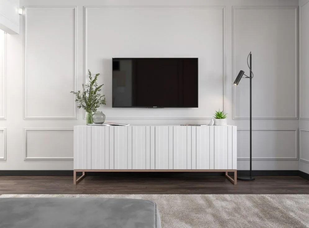 Szafka RTV TAL 150 biała mat MEBLE LINDNER | MIRAT. w stylu GLAMOUR kolekcja TAL