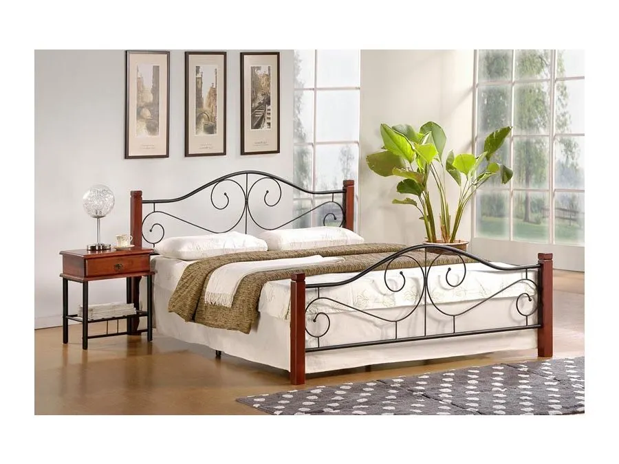 Czereśnia antyczna czarne łóżko podwójne metalowe z drewnianymi elementami VIOLETTA 140