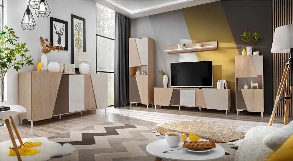 Witryna niska VISTE dąb/beżowa do salonu I sklep meblowy MIRAT. styl SKANDYNAWSKI kolekcja VISTE