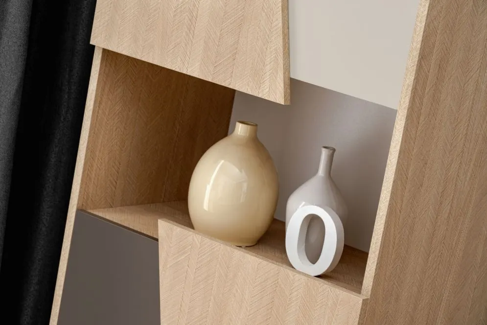 Witryna wysoka VISTE dąb/beżowa nowoczesna I sklep meblowy MIRAT. styl SKANDYNAWSKI kolekcja VISTE