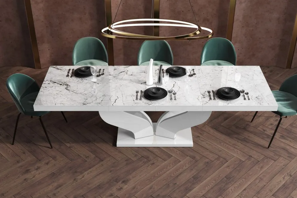 Stół rozkładany VIVA 160(256)x89 biały marmur połysk w stylu glamour | MIRAT.