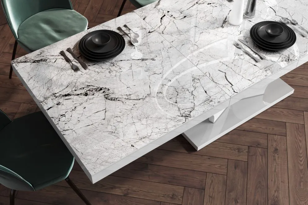 Stół rozkładany VIVA 160(256)x89 biały marmur połysk w stylu glamour | MIRAT.