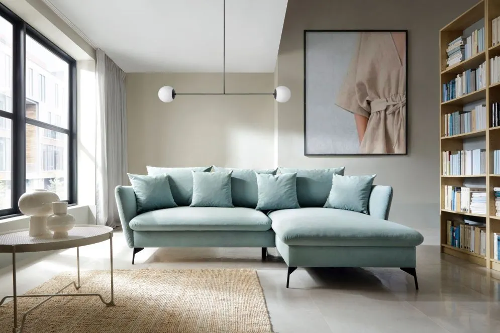 Narożnik z funkcją spania LINDA miętowy prawy wygodny I sklep meblowy MIRAT.