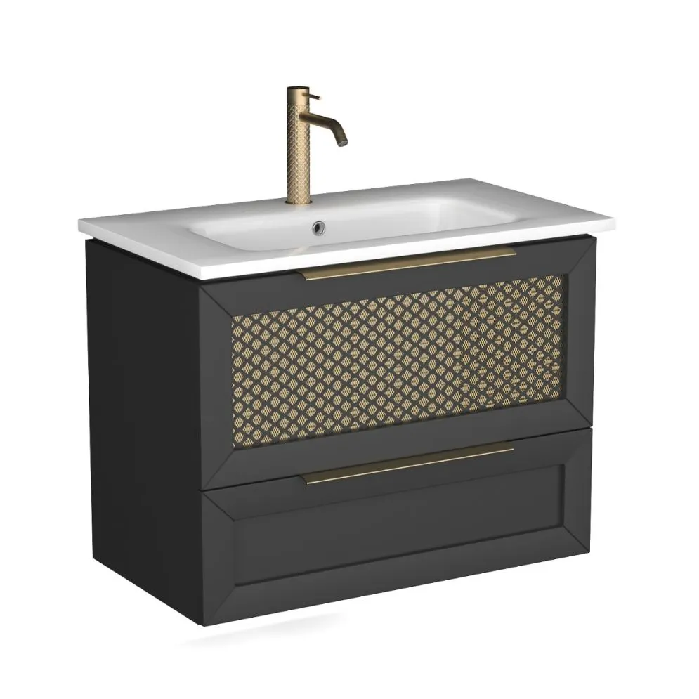 Wisząca szafka pod umywalkę CHIC 100 cm biała półmat ze złotymi dodatkami | MIRAT