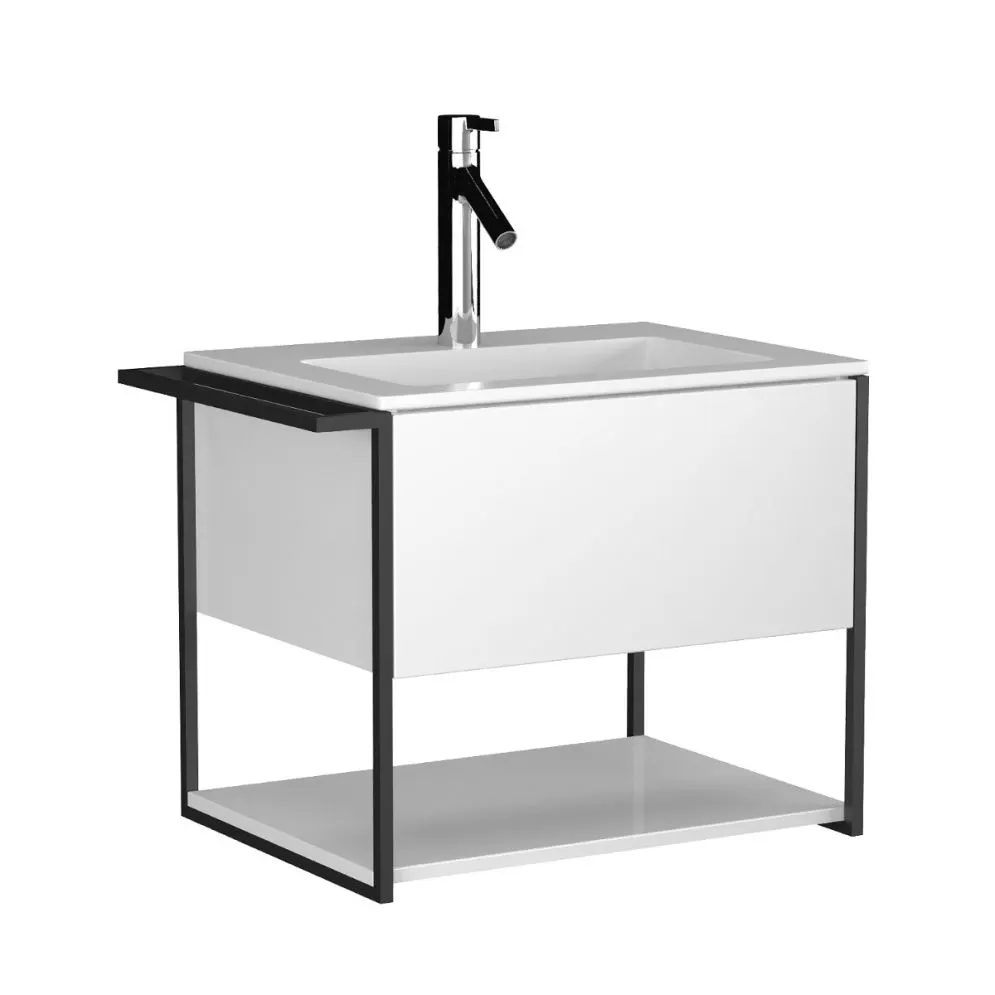 Szafka pod umywalkę LOV 60 cm biała połysk w czarnej ramie z półką | MIRAT  kolekcja LOV