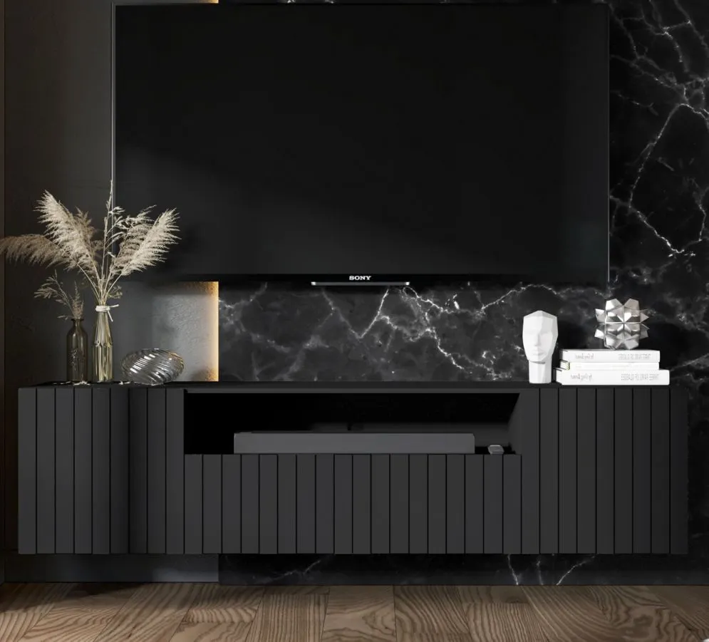 Szafka RTV TAL 2D1K 2 150cm wisząca czarna mat do salonu I sklep meblowy MIRAT. styl LOFT, RYFLOWANY kolekcja TAL