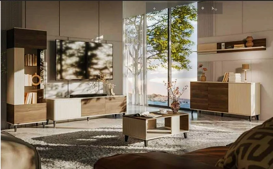 Szafka RTV RANDOM 2 150cm orzech/kaszmirowa trzydrzwiowa I sklep meblowy MIRAT. styl RYFLOWANY kolekcja RANDOM