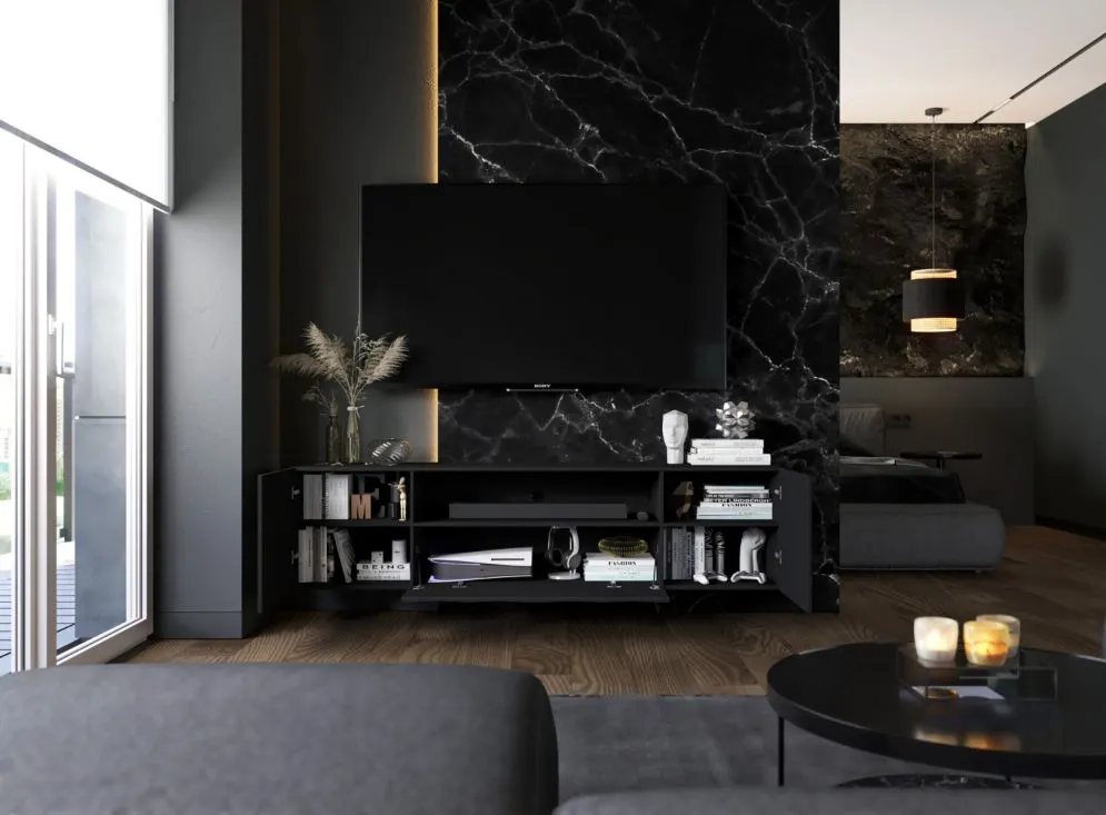 Szafka RTV TAL 2D1K 2 150cm wisząca czarna mat do salonu I sklep meblowy MIRAT. styl LOFT, RYFLOWANY kolekcja TAL