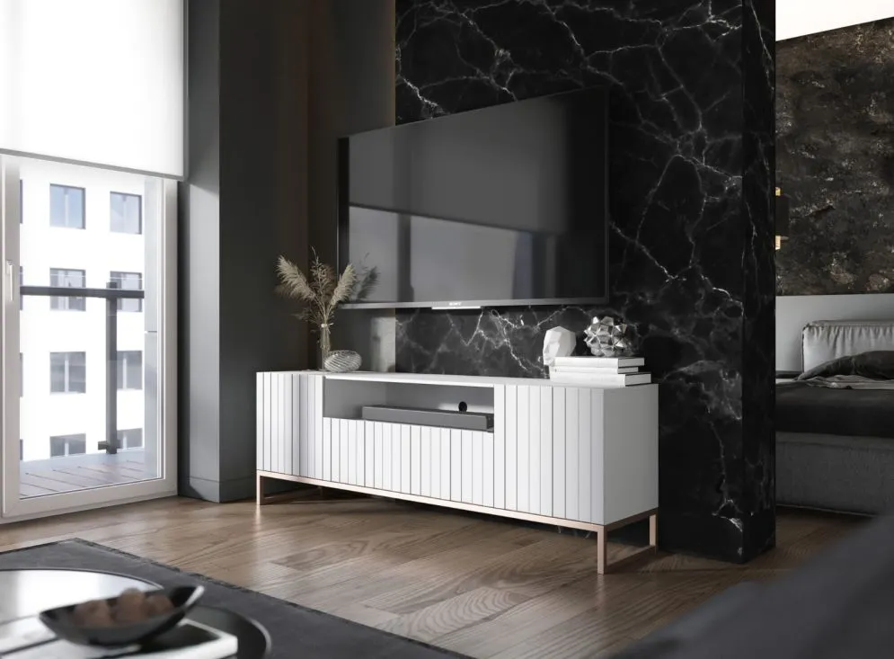 Szafka RTV TAL 2D1K 150cm biała mat trzydrzwiowa I sklep meblowy MIRAT. styl GLAMOUR, RYFLOWANY kolekcja TAL