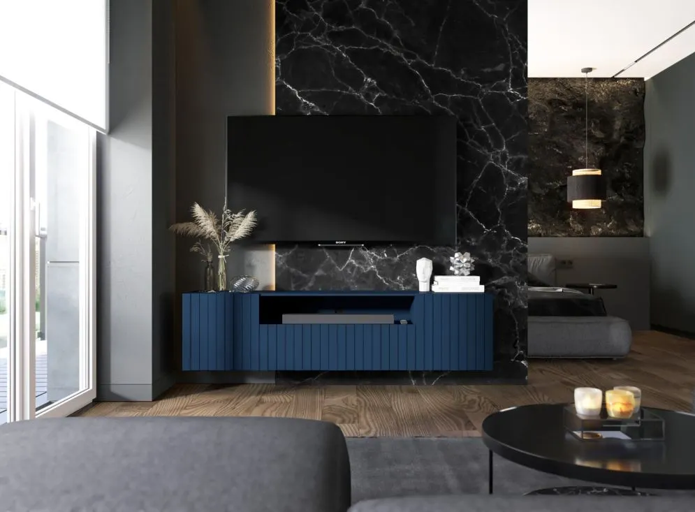 Szafka RTV TAL 2D1K 2 150cm wisząca granatowa mat do salonu I sklep meblowy MIRAT. styl GLAMOUR, LOFT, RYFLOWANY