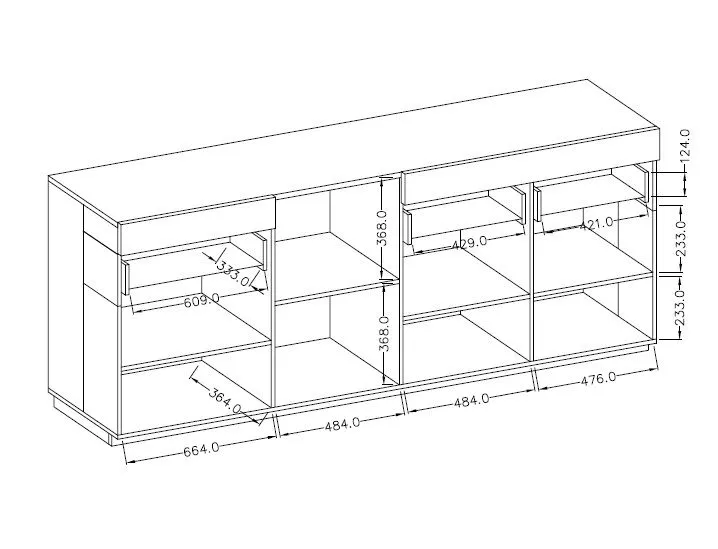 Komoda SILKE 4D2S 219cm biały połysk/dąb wotan szeroka I sklep meblowy MIRAT. styl SKANDYNAWSKI kolekcja SILKE