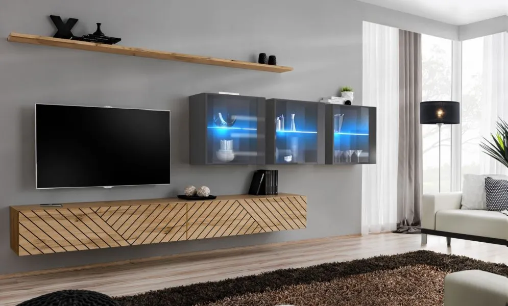 Meblościanka SWITCH LAMEL XVII dąb wotan/szara loftowa I sklep meblowy MIRAT. styl RYFLOWANY