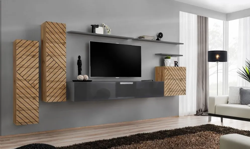 Meblościanka SWITCH LAMEL I dąb wotan/szara ryflowane fronty I sklep meblowy MIRAT. styl RYFLOWANY