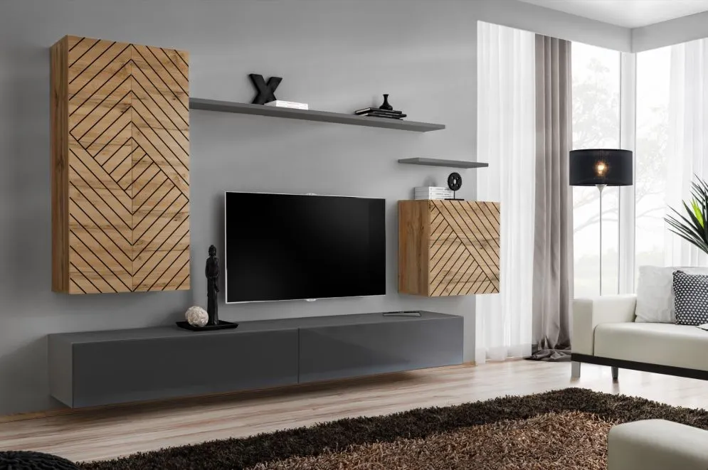 Meblościanka SWITCH LAMEL II dąb wotan/szara wisząca I sklep meblowy MIRAT. styl RYFLOWANY