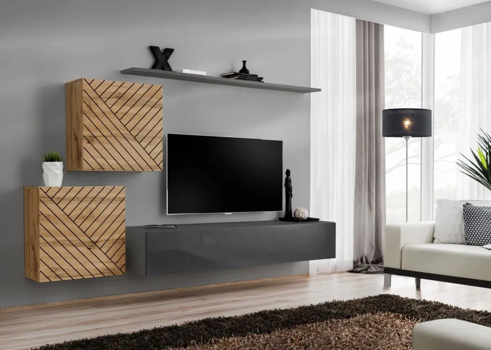 Meblościanka SWITCH LAMEL V dąb wotan/szara I sklep meblowy MIRAT. styl RYFLOWANY