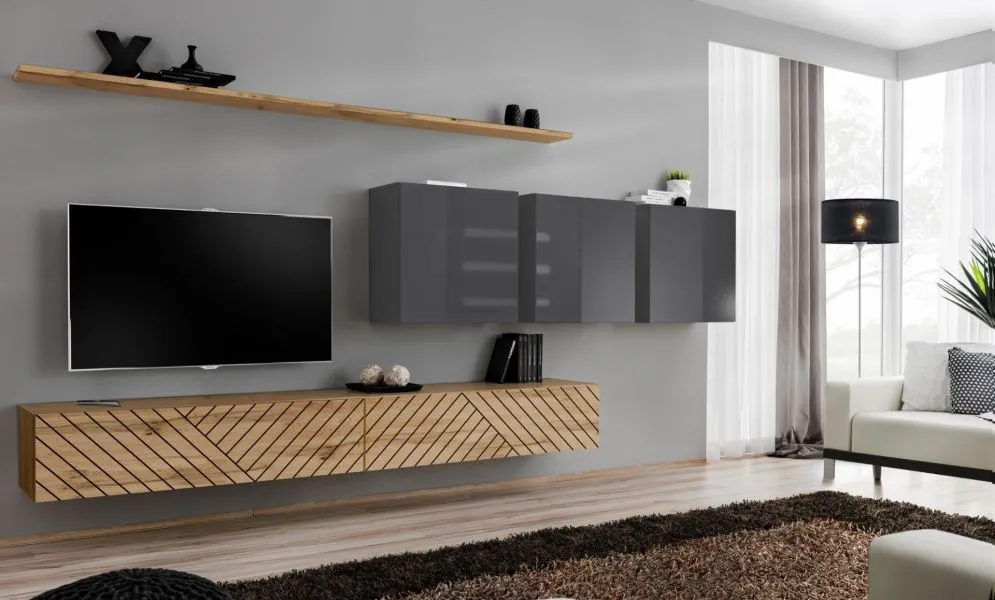 Meblościanka SWITCH LAMEL VII dąb wotan/szara wisząca I sklep meblowy MIRAT. styl RYFLOWANY