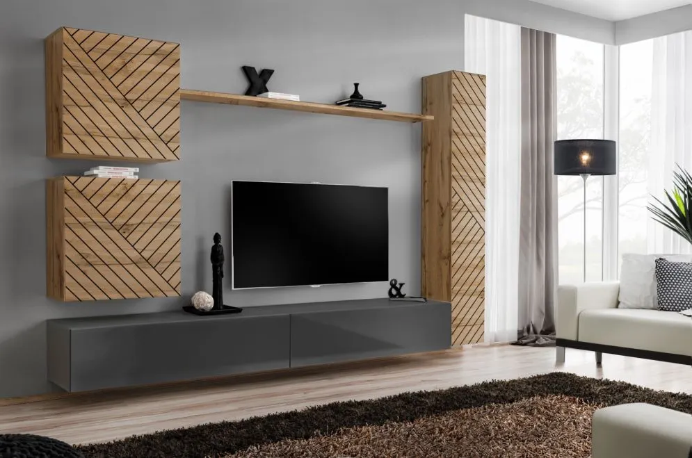 Meblościanka SWITCH LAMEL VIII dąb wotan/szara loftowa I sklep meblowy MIRAT. styl RYFLOWANY