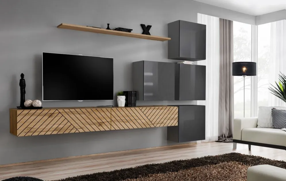 Meblościanka SWITCH LAMEL IX dąb wotan/szara RTV I sklep meblowy MIRAT. styl RYFLOWANY