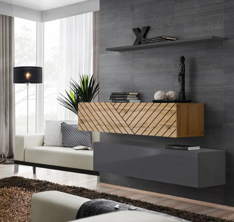 Meblościanka SWITCH LAMEL SB2 szara/dąb wotan wisząca I sklep meblowy MIRAT. styl RYFLOWANY kolekcja SWITCH LAMEL