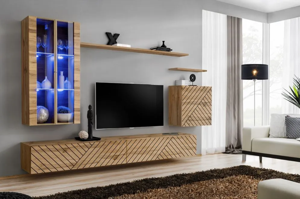 Meblościanka SWITCH LAMEL XII dąb wotan z ryflowanymi fronatmi I sklep meblowy MIRAT. styl RYFLOWANY