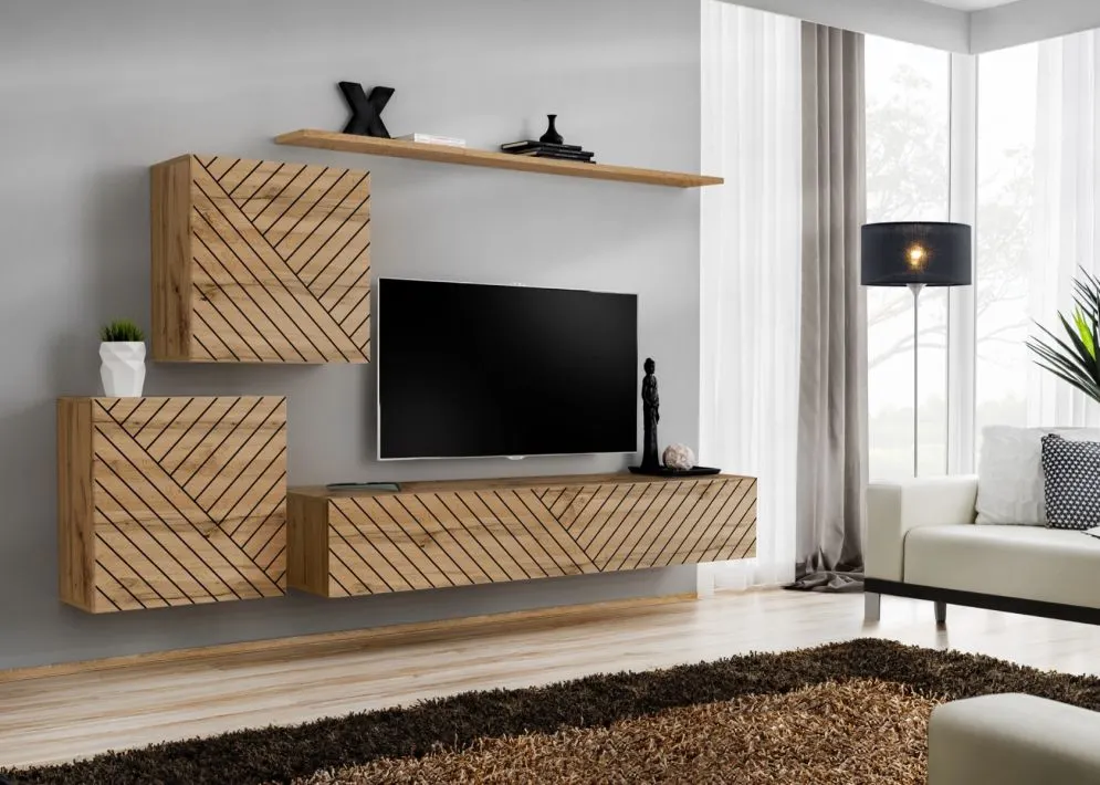 Meblościanka SWITCH LAMEL V dąb wotan z ryflowanymi frontami I sklep meblowy MIRAT. styl RYFLOWANY