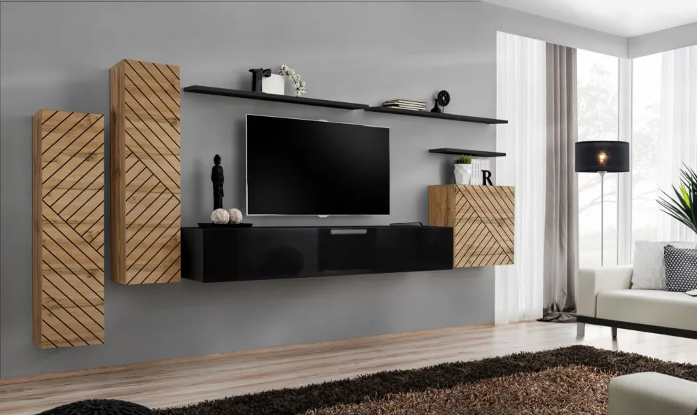 Meblościanka SWITCH LAMEL I dąb wotan/czarna ryflowane fronty I sklep meblowy MIRAT. styl RYFLOWANY