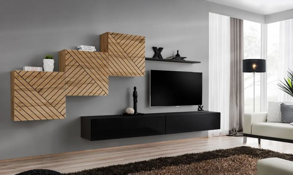 Meblościanka SWITCH LAMEL X dąb wotan/czarna w loftowym stylu I sklep meblowy MIRAT. styl RYFLOWANY