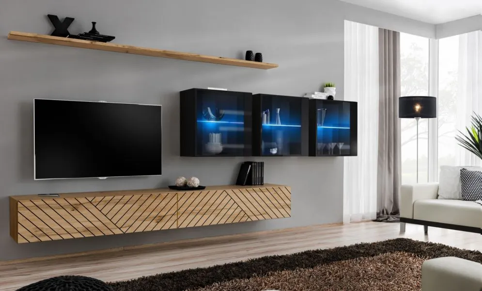 Meblościanka SWITCH LAMEL XVII dąb wotan/czarna z oświetleniem LED I sklep meblowy MIRAT. styl RYFLOWANY