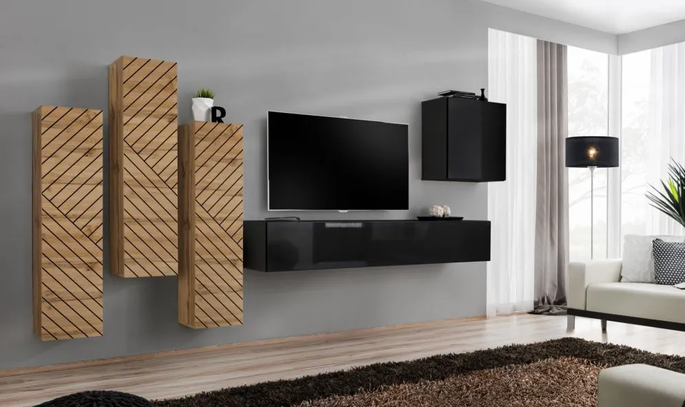 Meblościanka SWITCH LAMEL III dąb wotan/czarna z frfezowanymi fronatmi I sklep meblowy MIRAT. styl RYFLOWANY