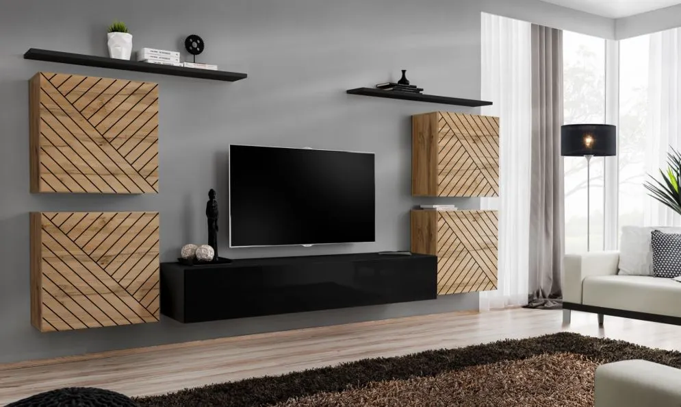 Meblościanka SWITCH LAMEL IV dąb wotan/czarna ryflowane fronty I sklep meblowy MIRAT. styl RYFLOWANY