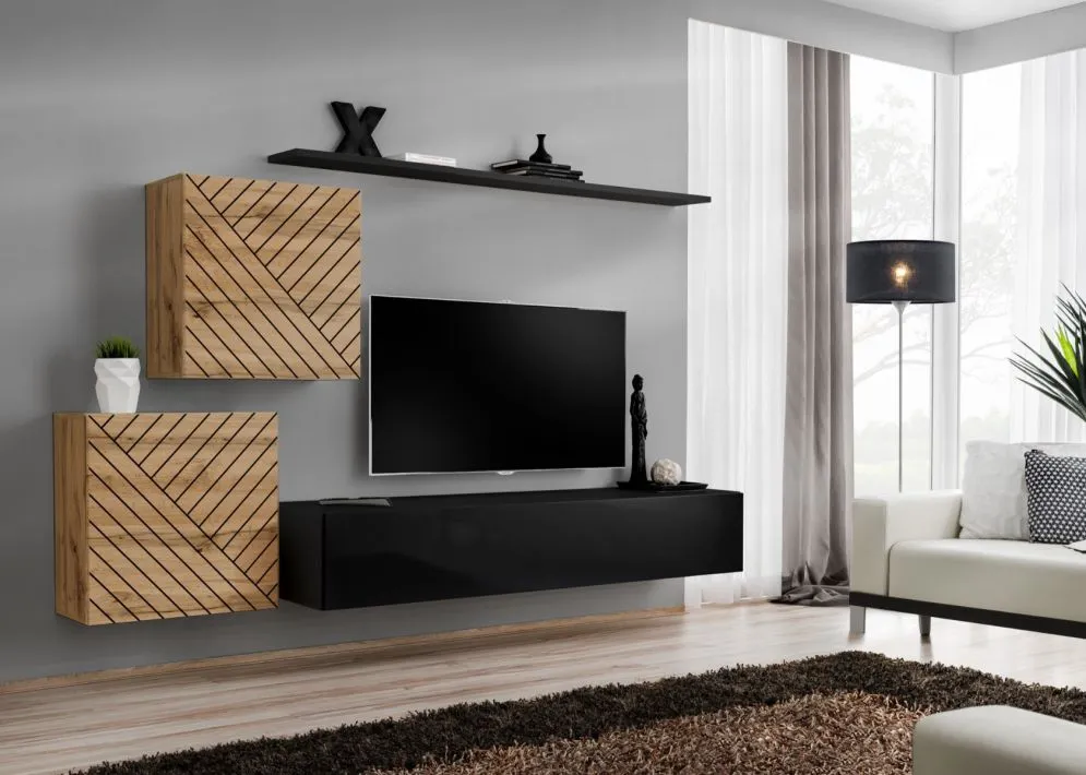 Meblościanka SWITCH LAMEL V dąb wotan/czarna wisząca I sklep meblowy MIRAT. styl RYFLOWANY