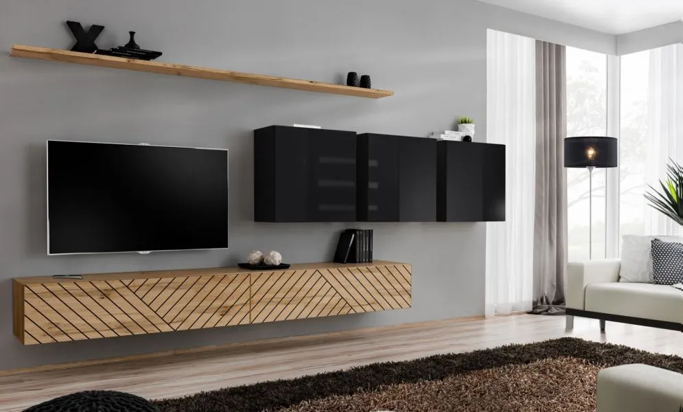 Meblościanka SWITCH LAMEL VII dąb wotan/czarna RTV I sklep meblowy MIRAT. styl RYFLOWANY