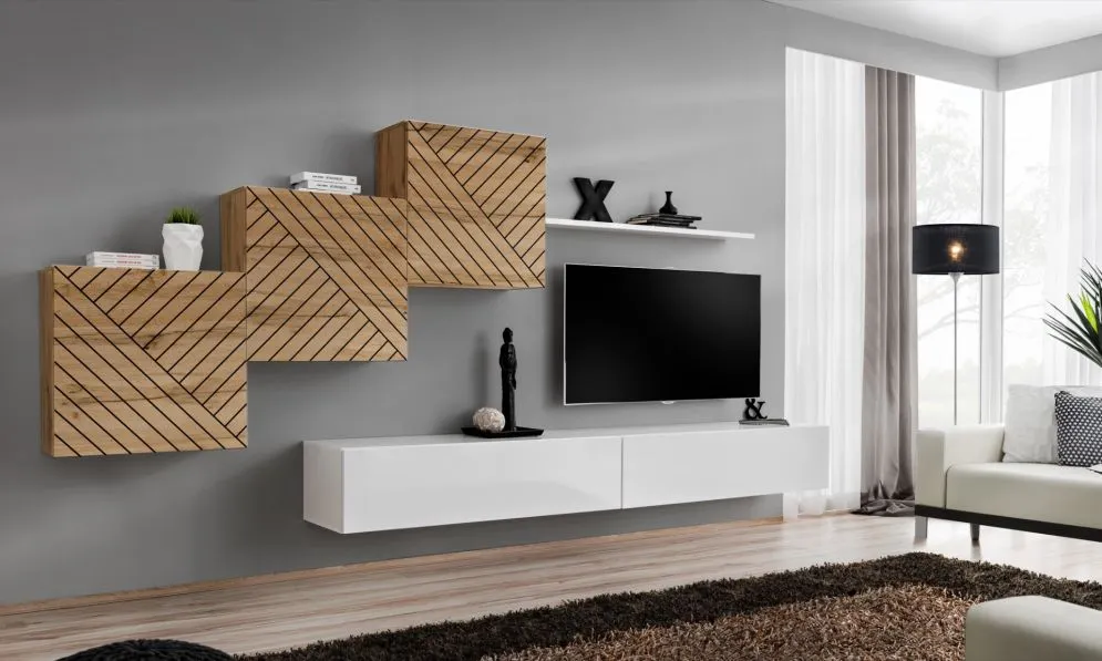 Meblościanka SWITCH LAMEL X dąb wotan/biała RTV I sklep meblowy MIRAT. styl RYFLOWANY